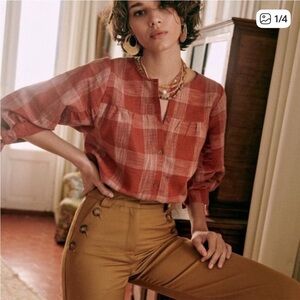 Sezane Dido Plaid Top Bow Sleeves Button Down 38